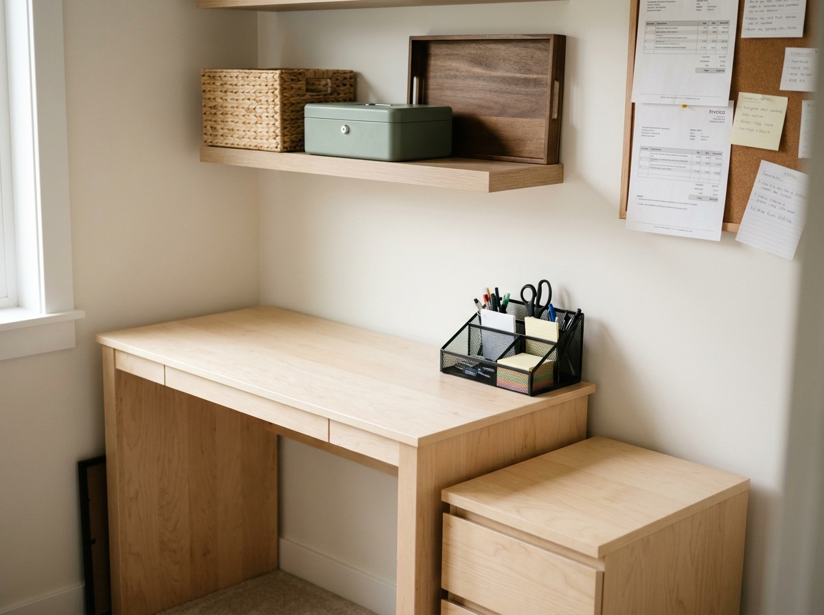 Coin bureau organisé avec mobilier et accessoires de rangement d'occasion pour auto-entrepreneur à domicile