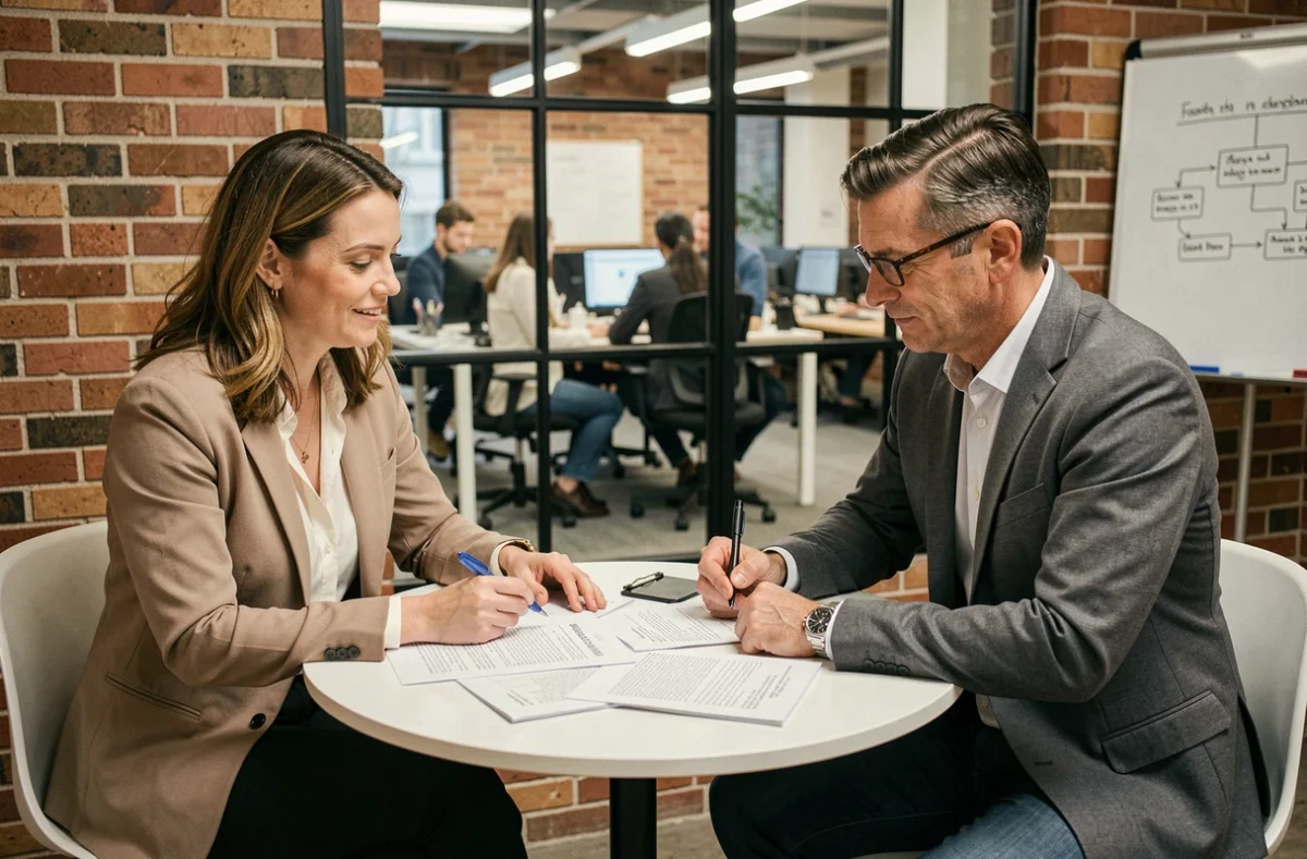 Deux professionnels en train de revoir et discuter des clauses des statuts d'une association dans un espace de coworking