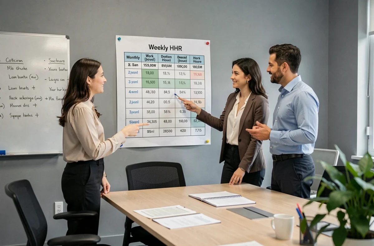 Groupe de collègues RH analysant un tableau d'heures de travail mensuel affiché dans une salle de réunion moderne
