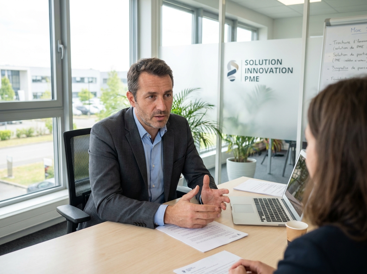 Commercial masculin en rendez-vous client dans un bureau de PME, échangeant des documents professionnels dans un cadre d'entreprise réaliste