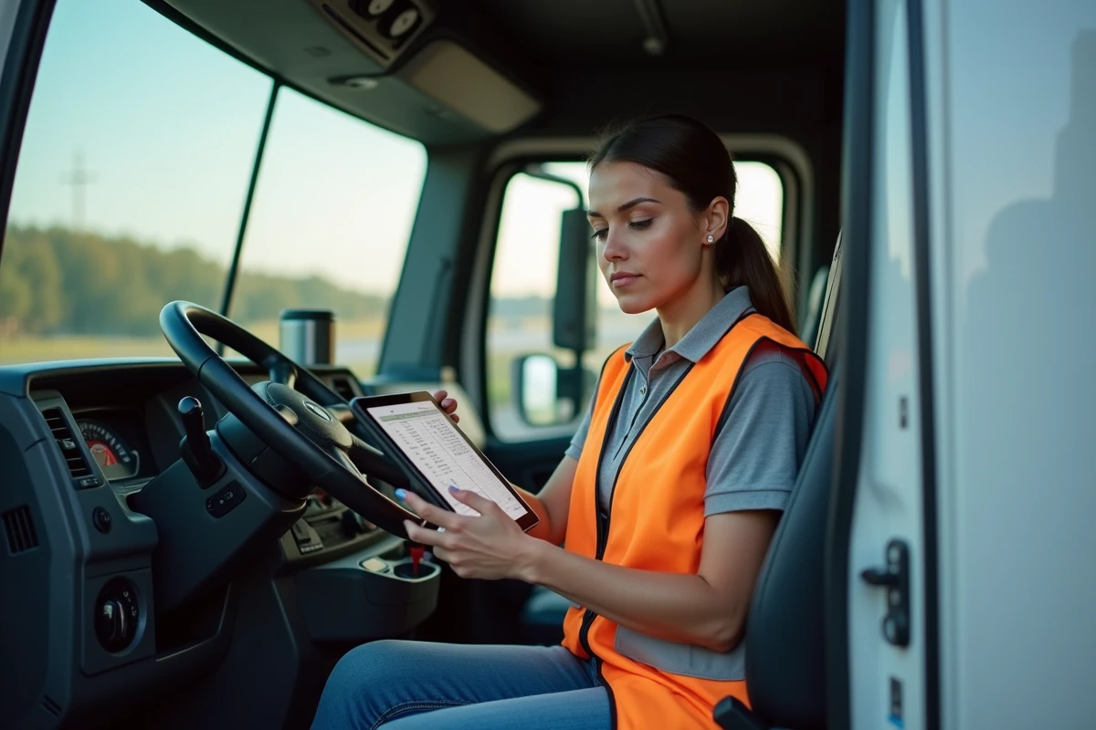 Conductrice poids lourd comparant les taux horaires et salaires sur tablette numérique depuis la cabine de son camion