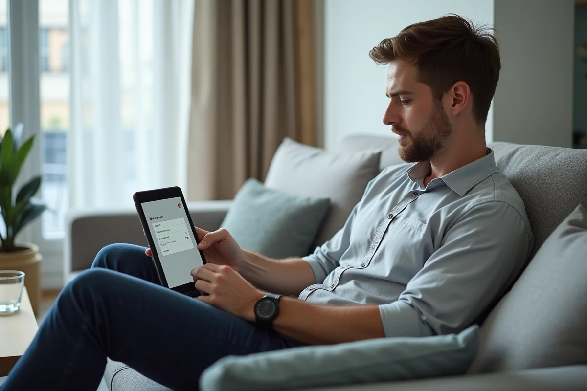 Salarié Air France consultant les paramètres de connexion Intraligne sur une tablette depuis son salon