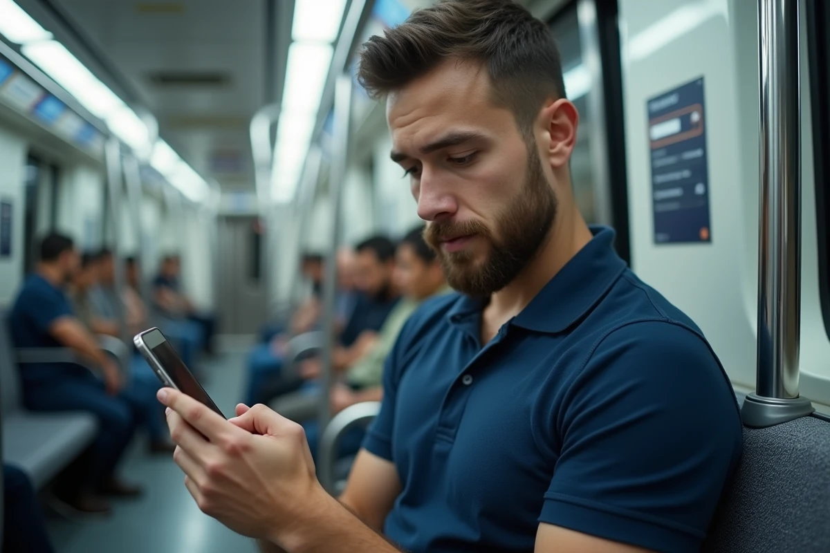 Homme consultant son compte Advango sur smartphone dans les transports en commun