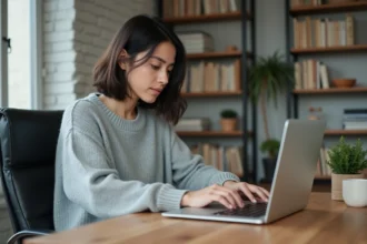 Femme se connectant à son compte Advango sur un ordinateur portable depuis son bureau à domicile