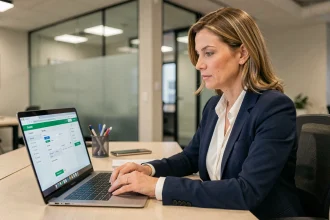 Employée de La Poste se connectant à la Box RH sur un ordinateur portable dans un bureau moderne