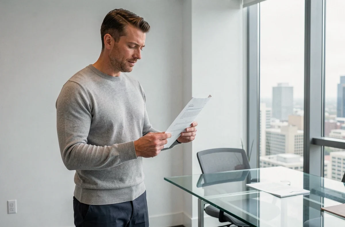 Consultant indépendant examinant un contrat de portage salarial dans un bureau moderne avec vue sur la ville