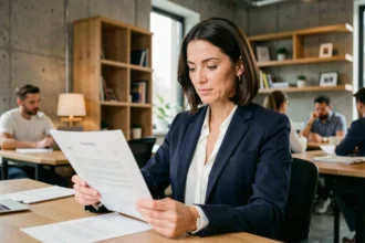 Consultante indépendante en portage salarial examinant un contrat dans un espace de coworking moderne