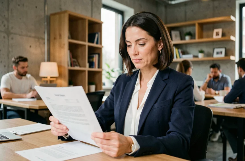 Consultante indépendante en portage salarial examinant un contrat dans un espace de coworking moderne