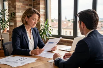 Consultante en portage salarial discutant d'un contrat avec une cliente dans un bureau moderne à Tarbes