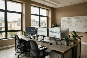 Espace de travail de consultants SEO en Seine-Saint-Denis avec écrans d'analyse et tableaux de stratégie