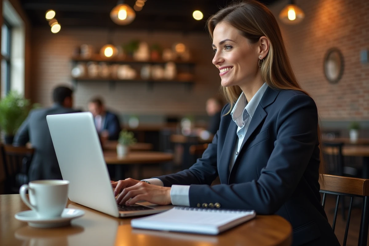Professionnelle consultant des avis en ligne et des données publiques sur une entreprise dans un café urbain