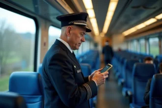 Contrôleur SNCF en uniforme dans un TGV moderne