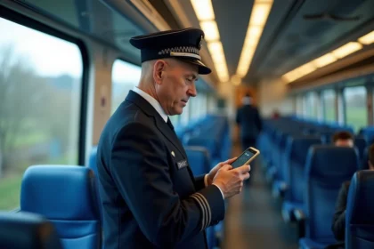 Contrôleur SNCF en uniforme dans un TGV moderne