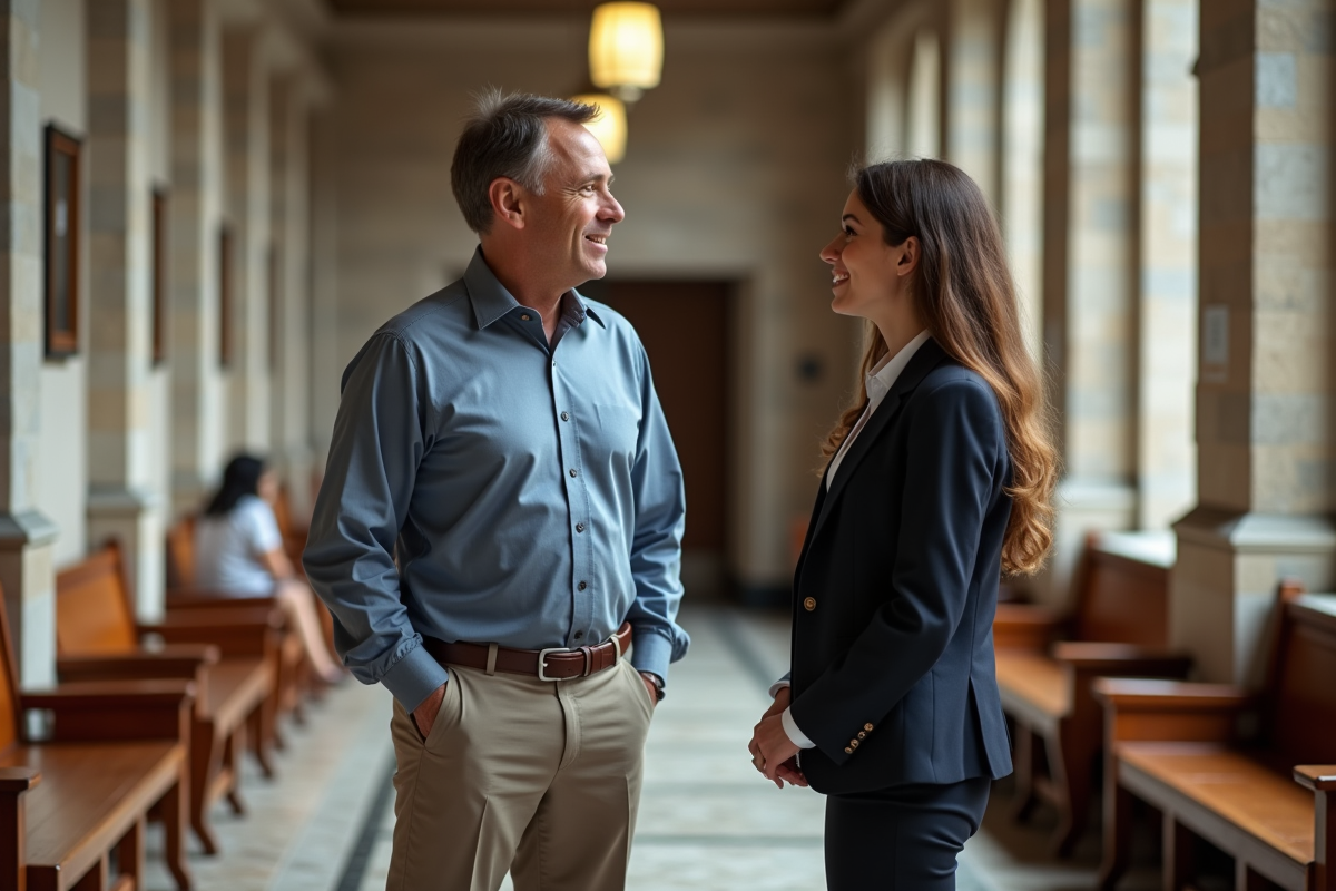 Homme en discussion avec une collègue dans un couloir de tribunal