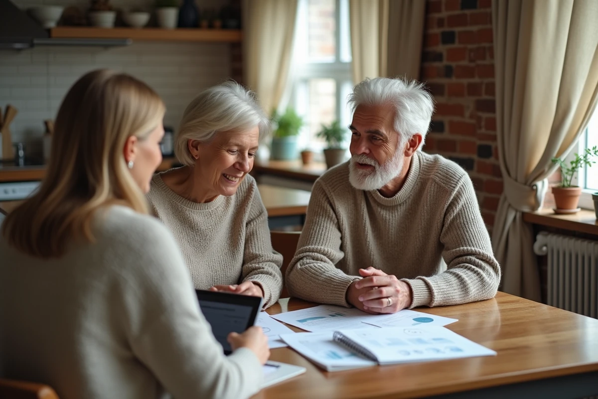 Couple consultant un conseiller financier à domicile pour choisir leurs profils d'investissement ESALIA
