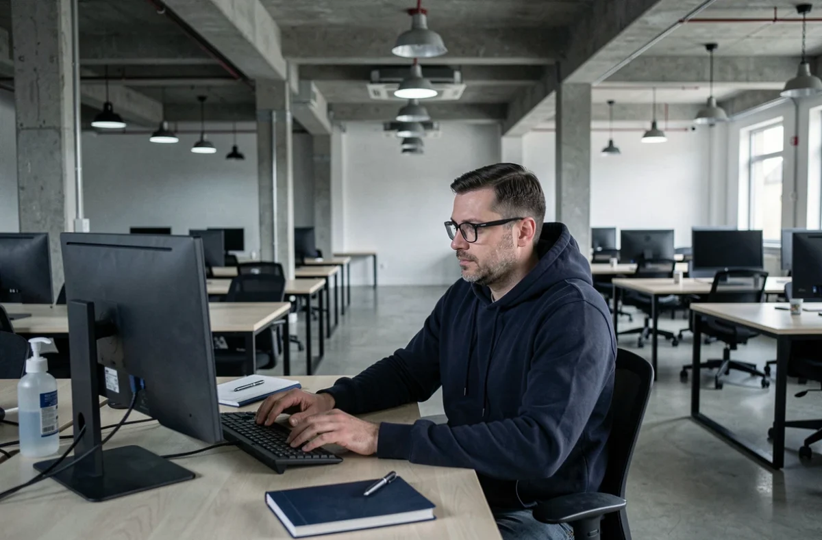 Espace de coworking quasi vide avec un homme travaillant seul pendant une période de confinement