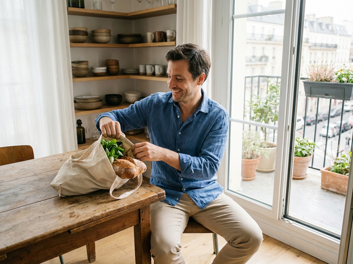 Jeune homme déballant des légumes dans une cuisine moderne