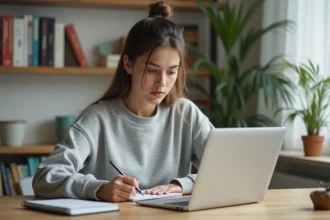 Jeune femme débutante en business en ligne prenant des notes devant son ordinateur portable avec un blog ouvert à l'écran