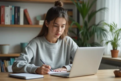 Jeune femme débutante en business en ligne prenant des notes devant son ordinateur portable avec un blog ouvert à l'écran