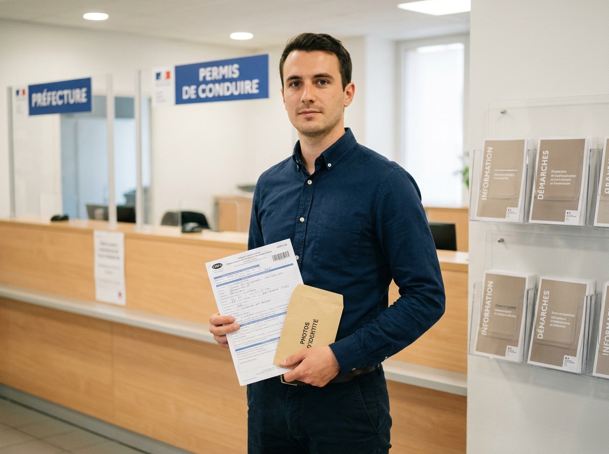 Homme déposant son dossier de permis de conduire avec photos d'identité à la préfecture