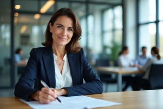 Femme professionnelle examinant des documents de dépôt de propriété intellectuelle à l'INPI dans un bureau moderne