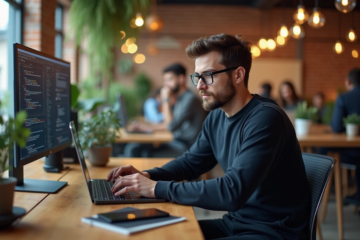 Développeur informatique travaillant dans un open space de startup tech, symbolisant les métiers du numérique parmi les plus rémunérateurs