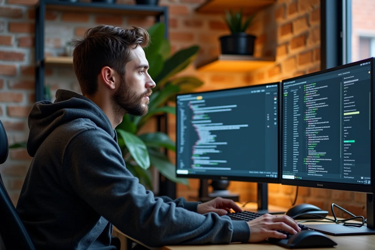 Développeur logiciel enregistrant ses créations numériques sur le portail de l'INPI depuis son bureau à domicile