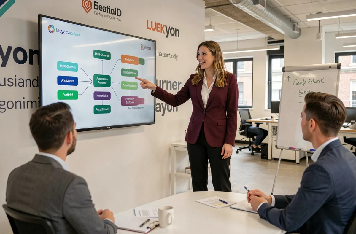 Stratégiste en acquisition digitale de Digitalissim Lyon expliquant un entonnoir marketing à ses collègues