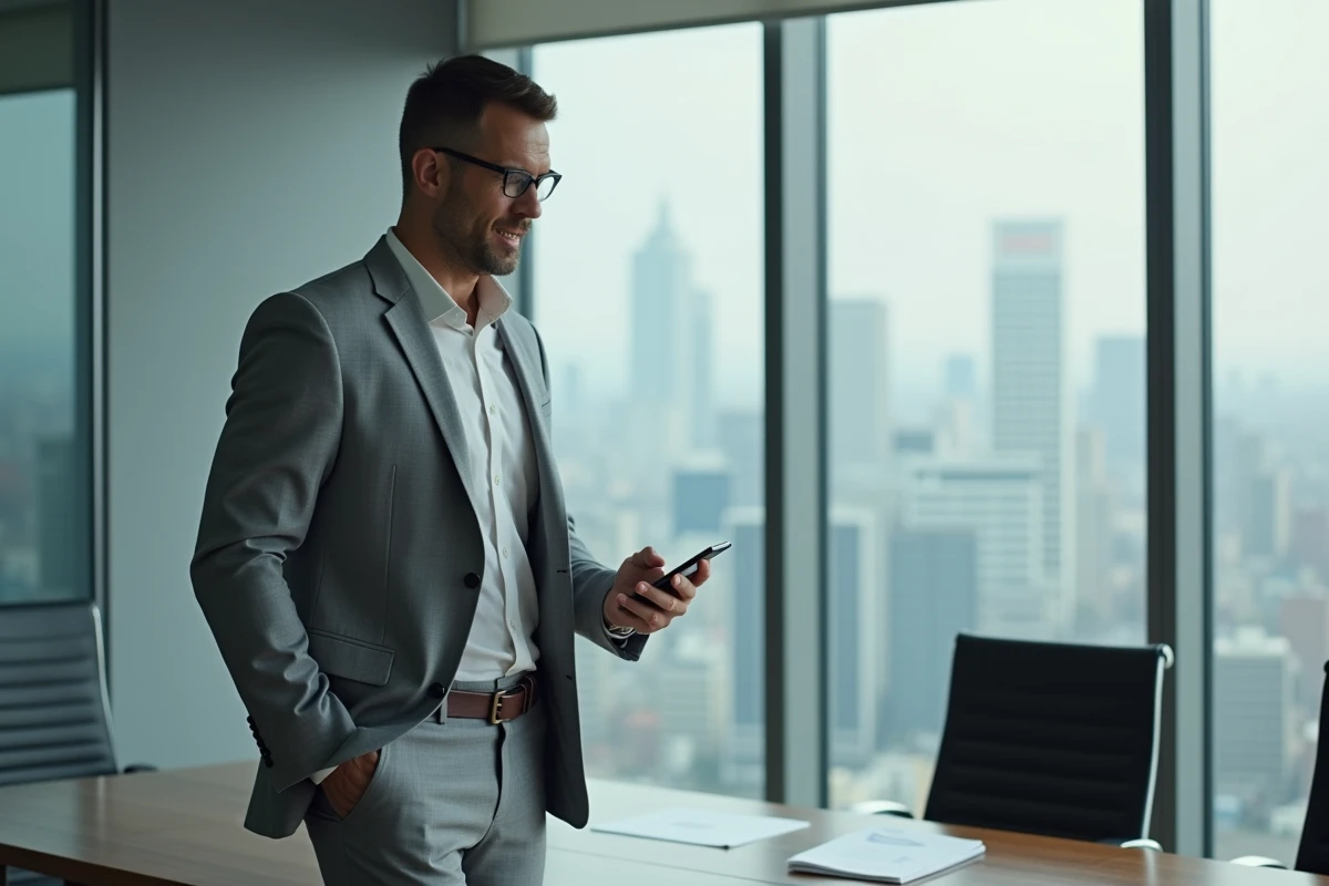 Directeur RH lisant une invitation d'événement recrutement sur son smartphone en salle de réunion