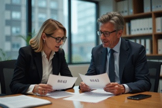 Homme et femme en réunion d'affaires avec documents Bill 63