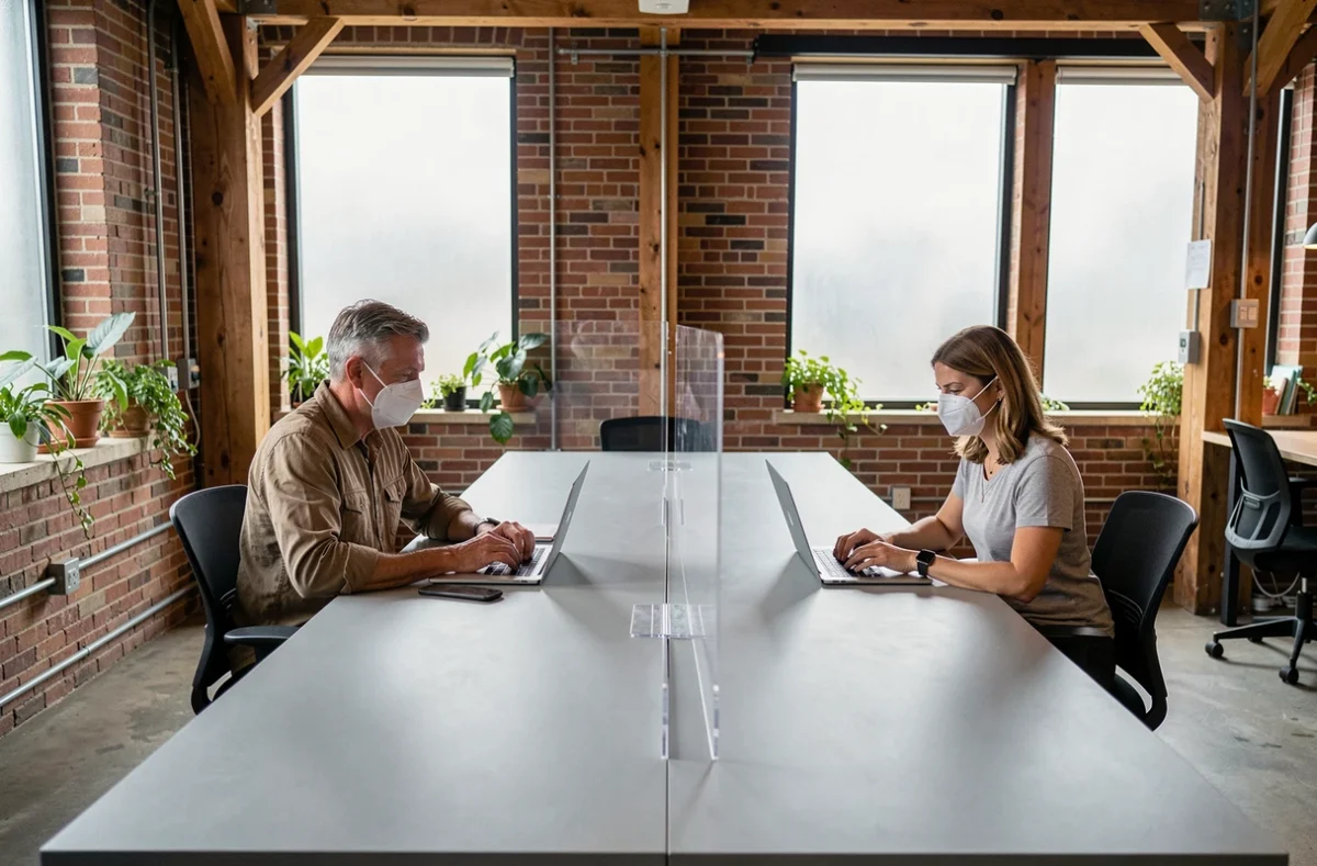 Deux professionnels en télétravail respectant la distanciation sociale dans un espace de coworking avec cloisons en plexiglas