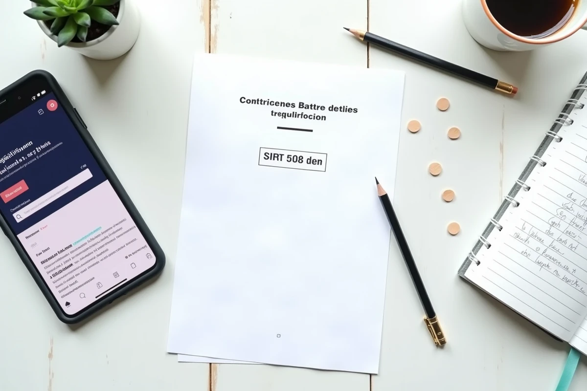 Vue aérienne d'un bureau avec des documents d'immatriculation Sirène, un smartphone sur le site officiel et un carnet de notes pour micro-entreprise