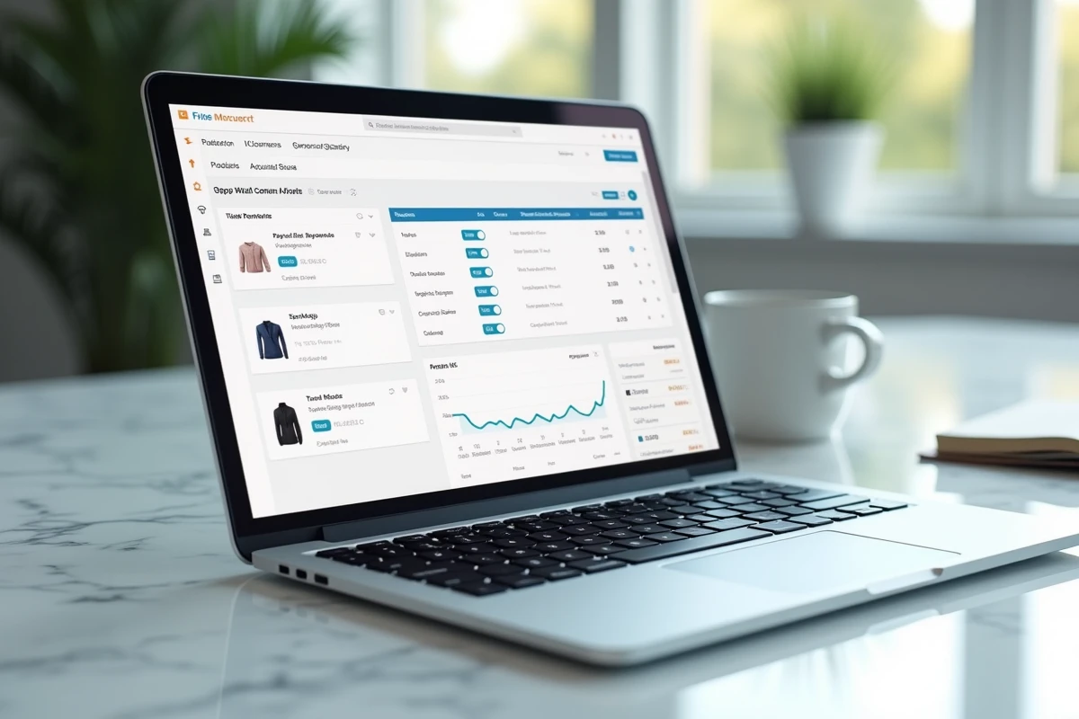 Écran d'ordinateur affichant la configuration étape par étape d'une boutique en ligne stan.store avec tableau de bord de ventes