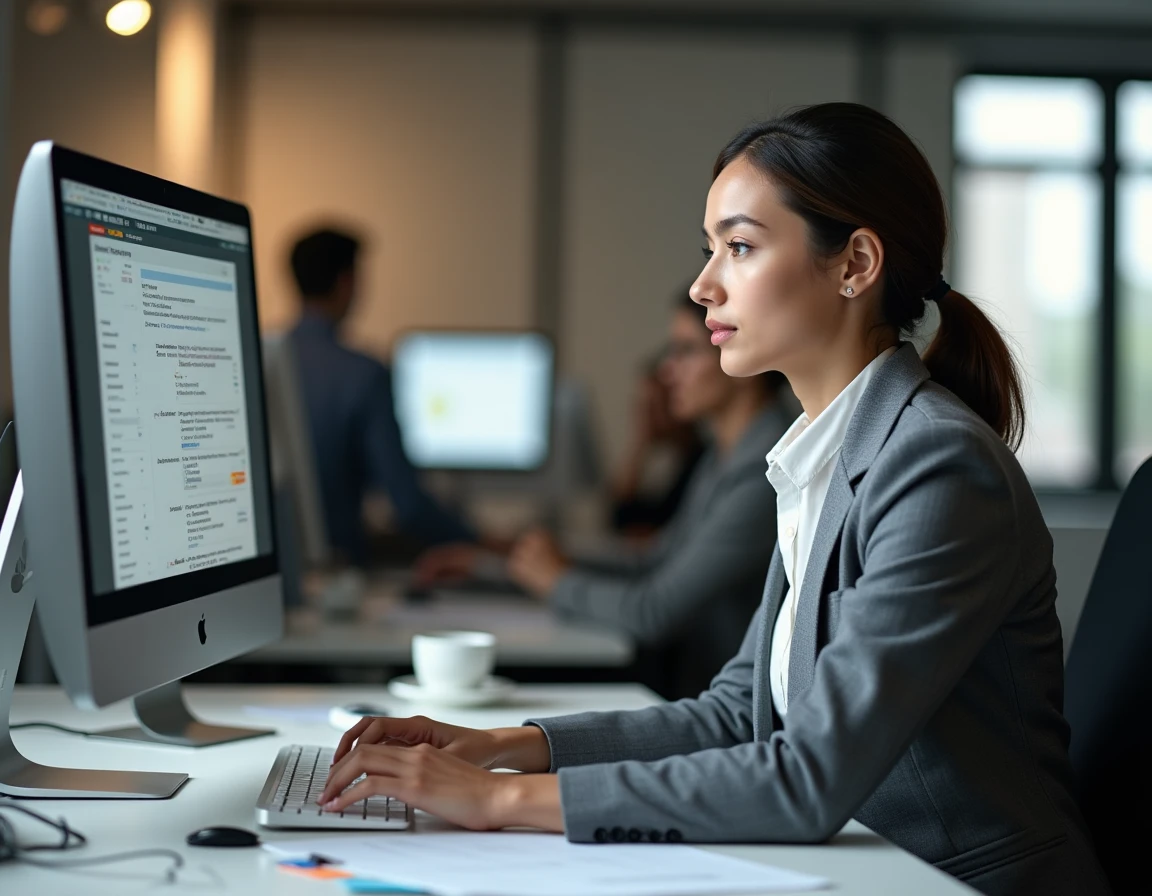 Employée de bureau consultant un logiciel RH pour gérer ses avantages salariés dans une entreprise de location d'équipement