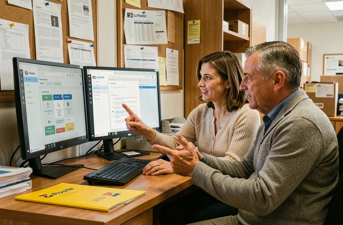 Deux employés de La Poste consultant ensemble les outils RH extranet dans un bureau administratif