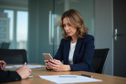 Femme professionnelle tenant un smartphone lors d'une réunion d'entreprise, illustrant l'enregistrement de conversations au travail