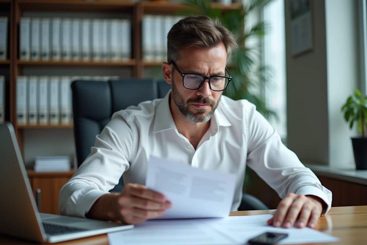 Homme d'affaires consultant des documents légaux avec un enregistreur vocal posé sur son bureau, contexte juridique professionnel