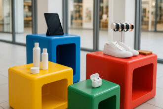 Photo hyperrealiste d'un affichage moderne en magasin avec stands colorés