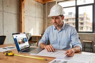 Entrepreneur BTP consultant le site Bati-Actu.fr sur un ordinateur portable dans un bureau avec des plans de construction