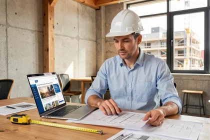 Entrepreneur BTP consultant le site Bati-Actu.fr sur un ordinateur portable dans un bureau avec des plans de construction