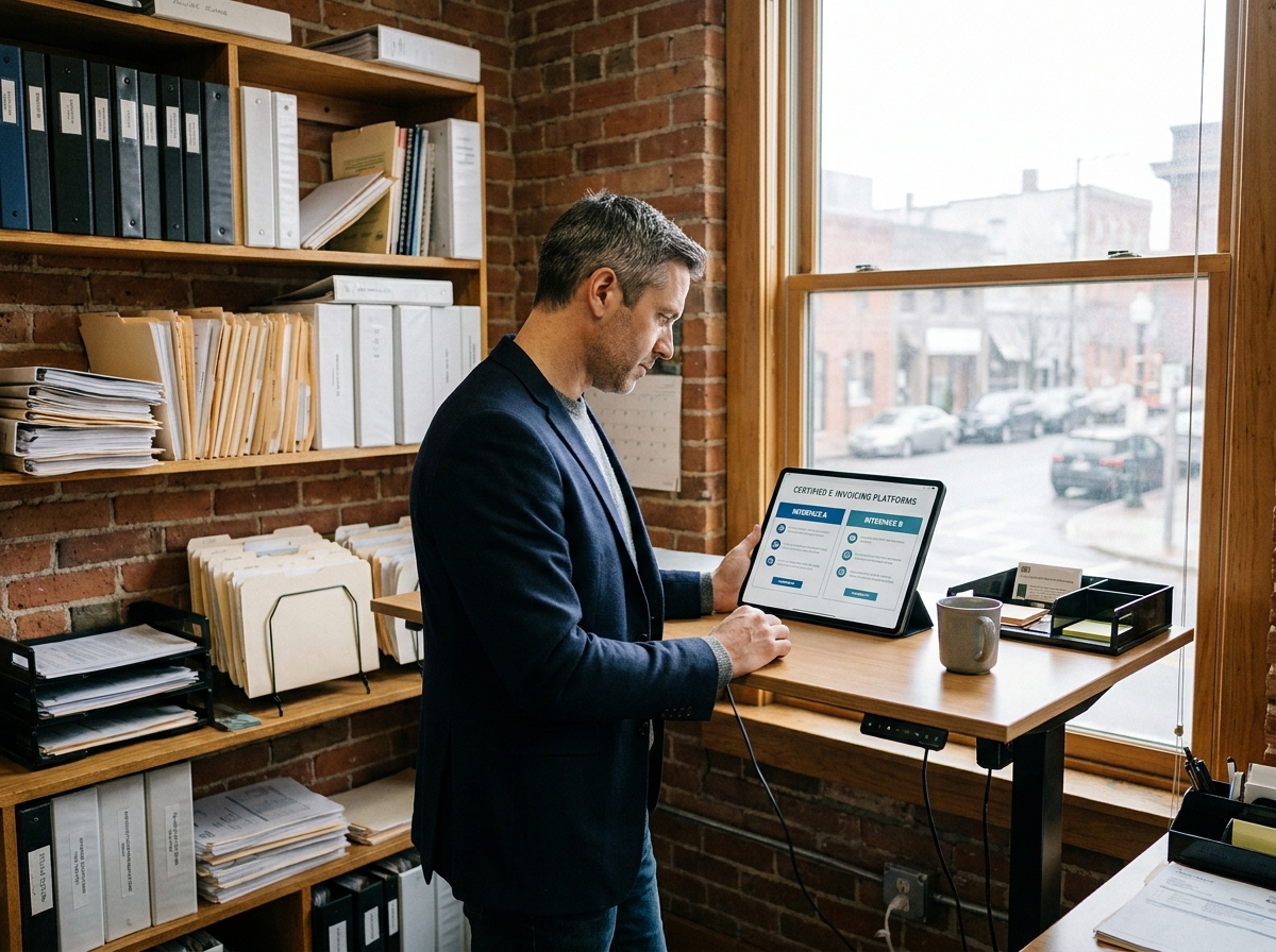 Chef d'entreprise comparant des plateformes de facturation électronique sur tablette