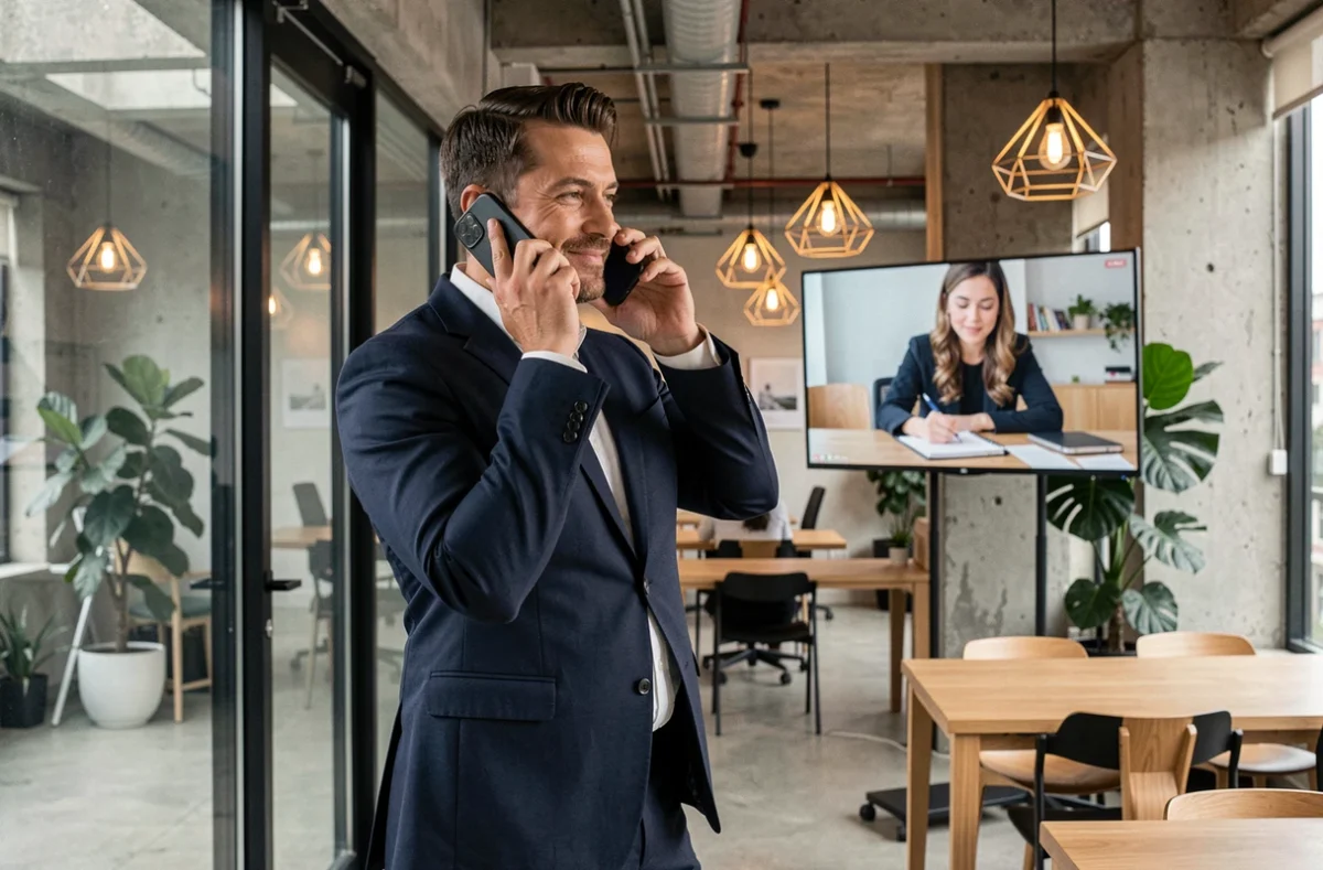 Entrepreneur délégant ses tâches administratives à un secrétariat en ligne depuis un espace de coworking moderne