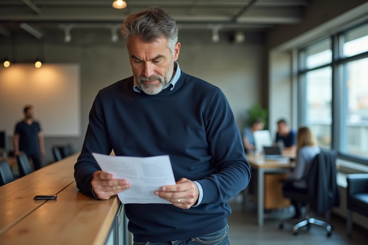Entrepreneur en micro-entreprise examinant des documents officiels liés au numéro SIREN dans un espace de coworking