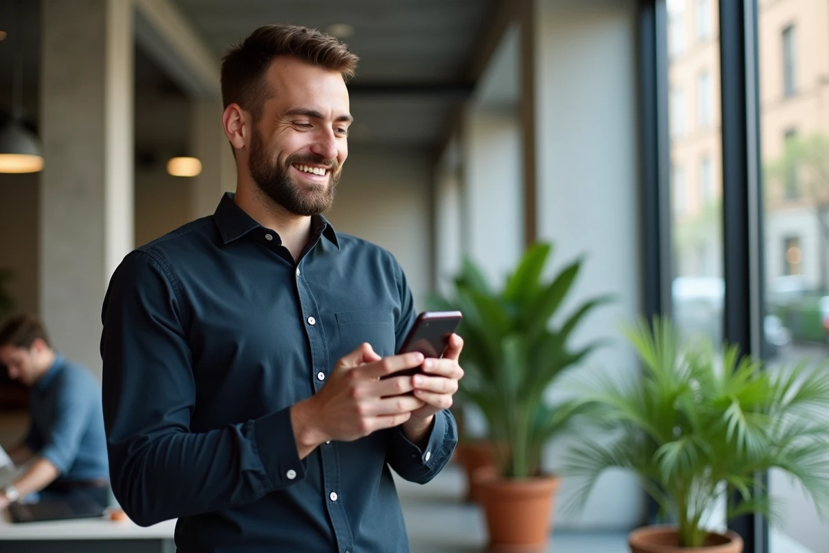 Entrepreneur masculin consultant un guide de coaching digital sur smartphone dans un espace de coworking urbain