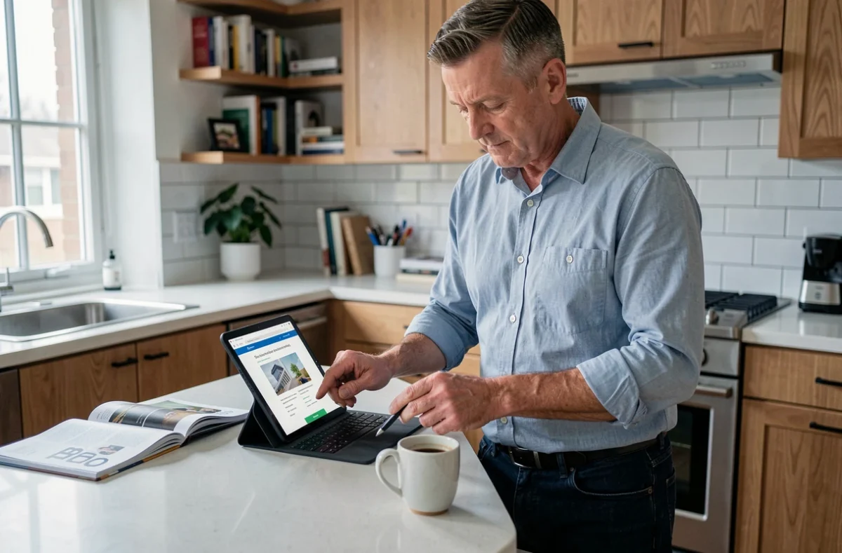 Entrepreneur indépendant consultant un magazine professionnel B2B et une tablette dans son bureau à domicile