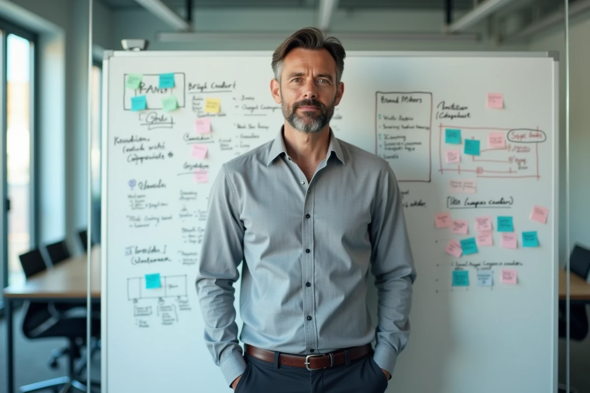 Entrepreneur debout devant un tableau blanc avec une carte mentale de personal branding dans une salle de réunion moderne