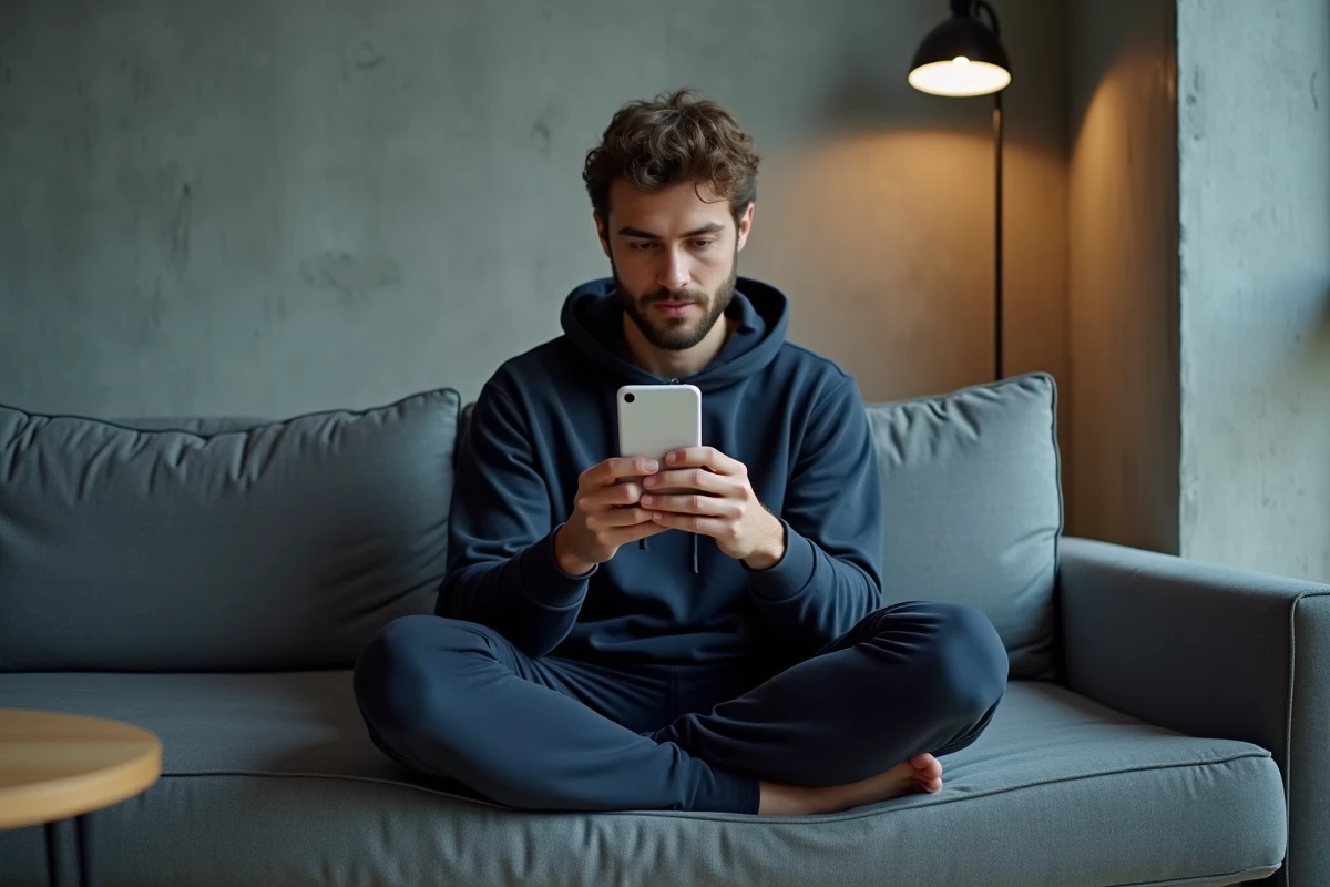 Entrepreneur consultant sa page de vente de produits numériques sur smartphone dans un appartement moderne