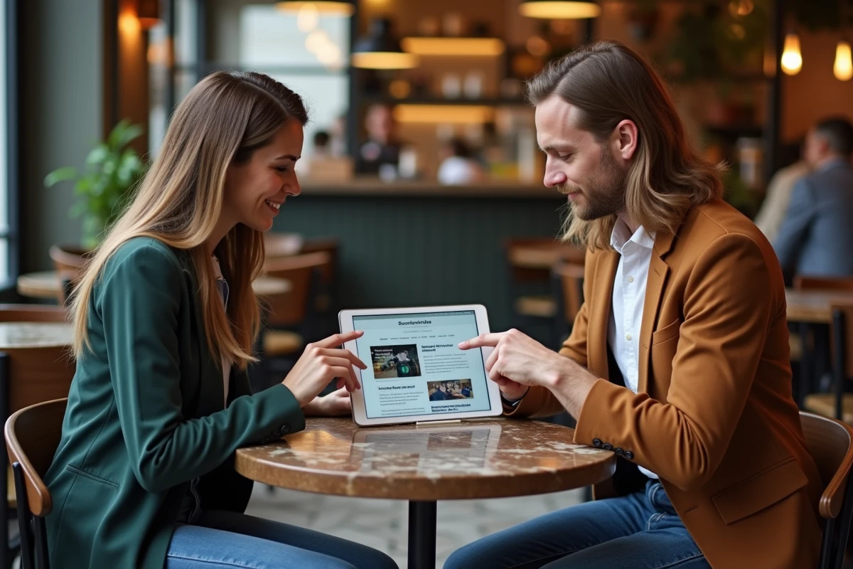 Deux entrepreneurs débutants discutant d'un blog de business en ligne sur une tablette dans un café parisien