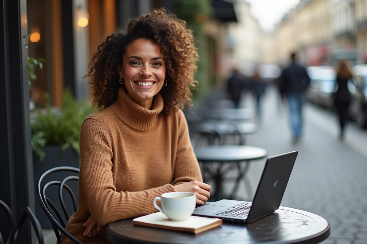 Entrepreneuse consultant son profil LinkedIn pour développer son personal branding dans un café parisien