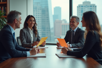 Groupe de professionnels en réunion autour d'une table avec notepads Mintzberg